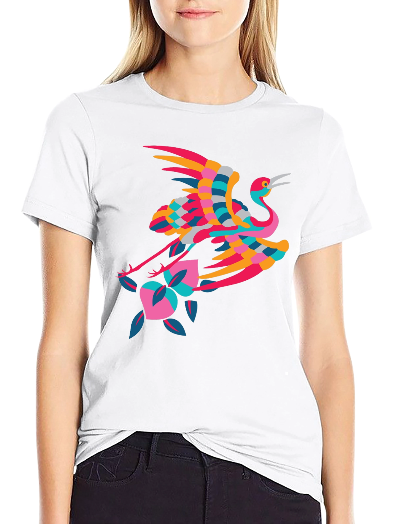 Stylish Crane Graphic Black T-Shirt