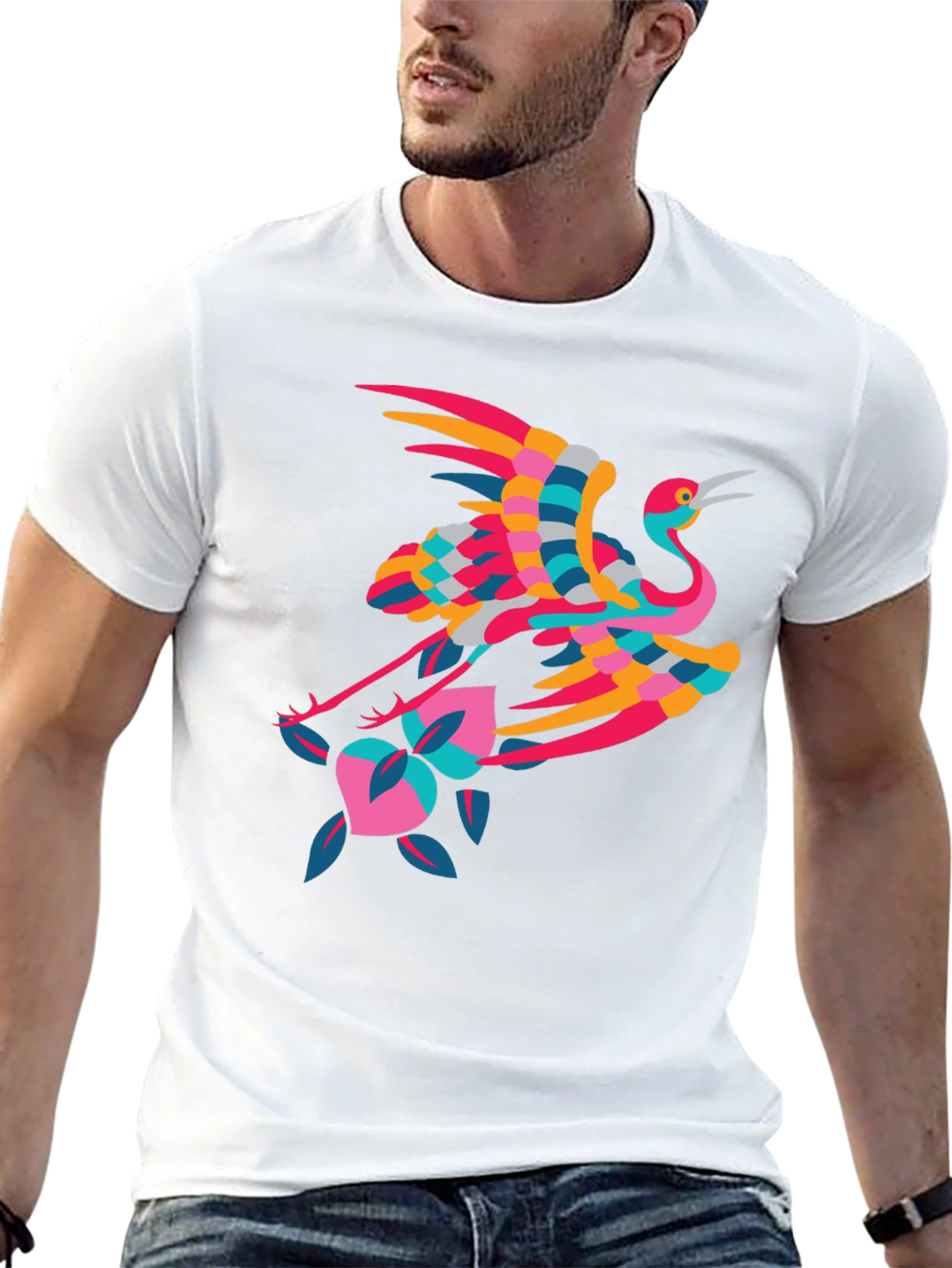 Stylish Crane Graphic Black T-Shirt