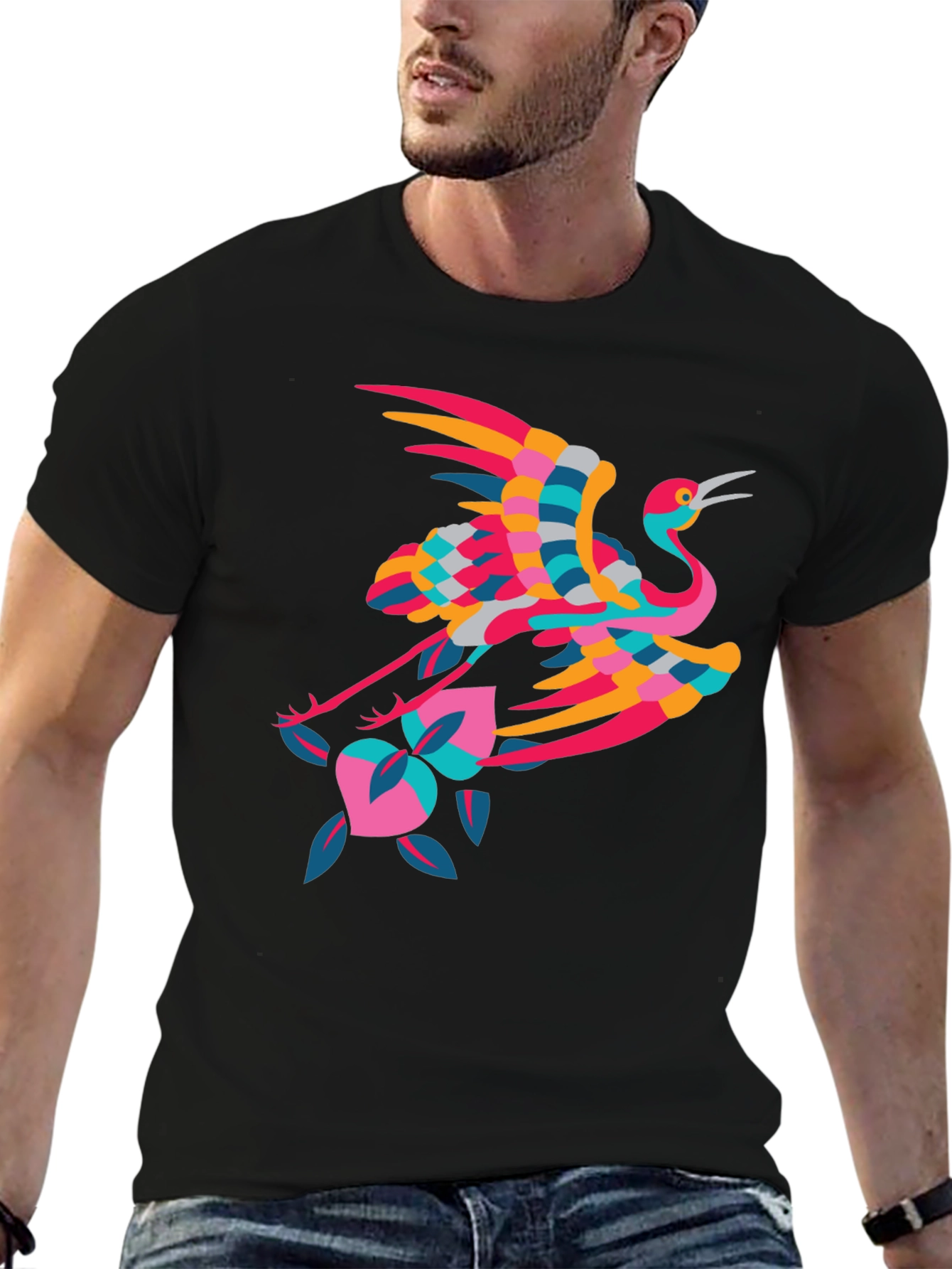 Stylish Crane Graphic Black T-Shirt