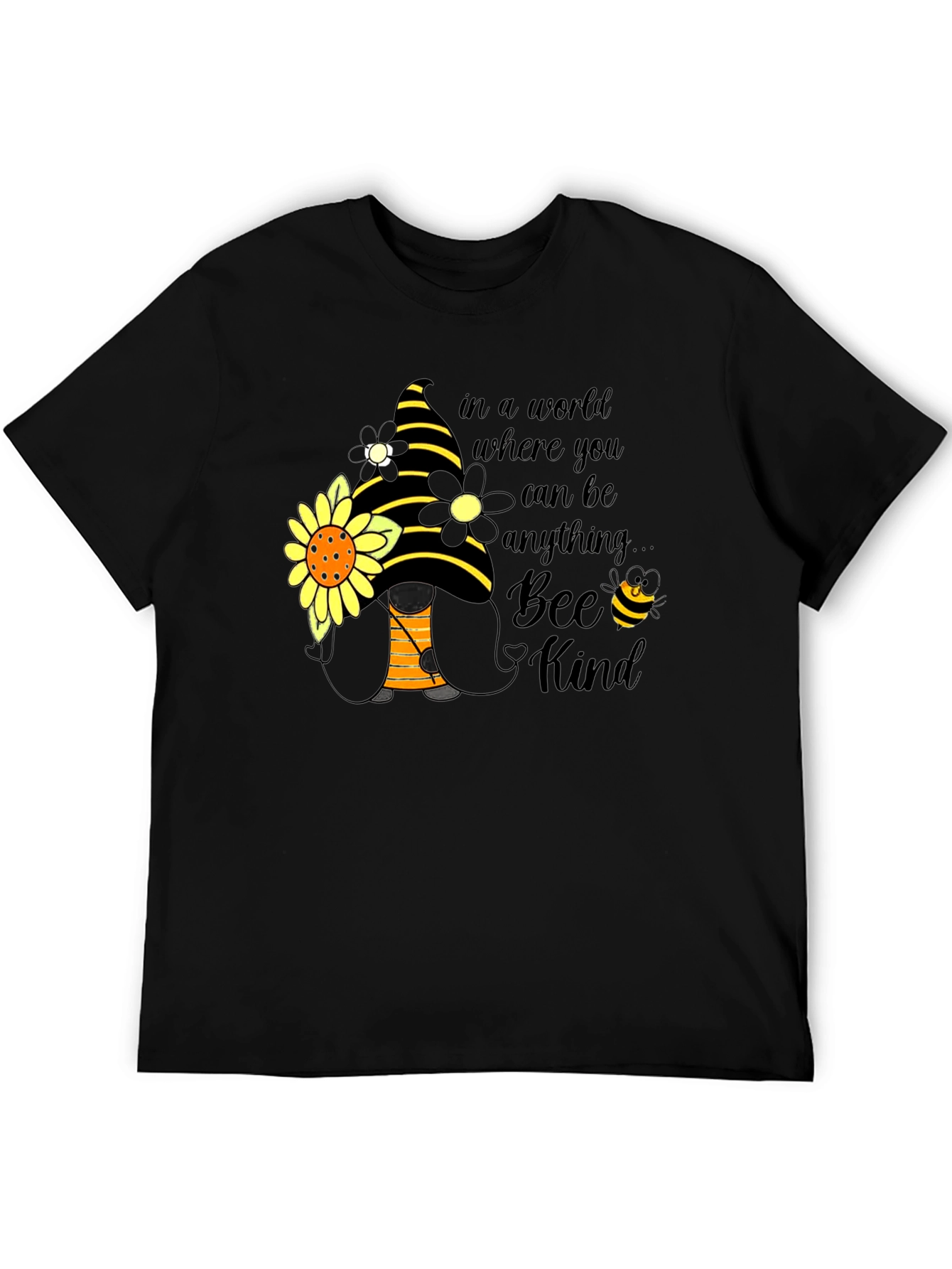 Bee Kind Gnome T-Shirt: Sunflower & Striped Hat
