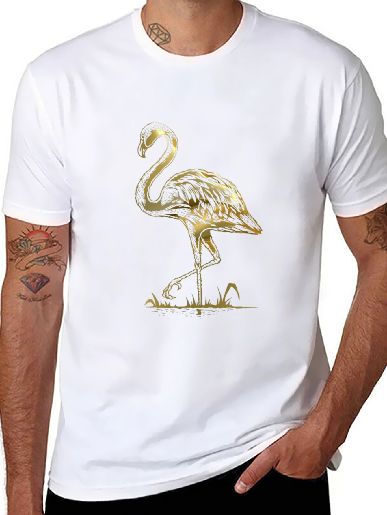 Black T-Shirt with Gold Flamingo Graphic Print