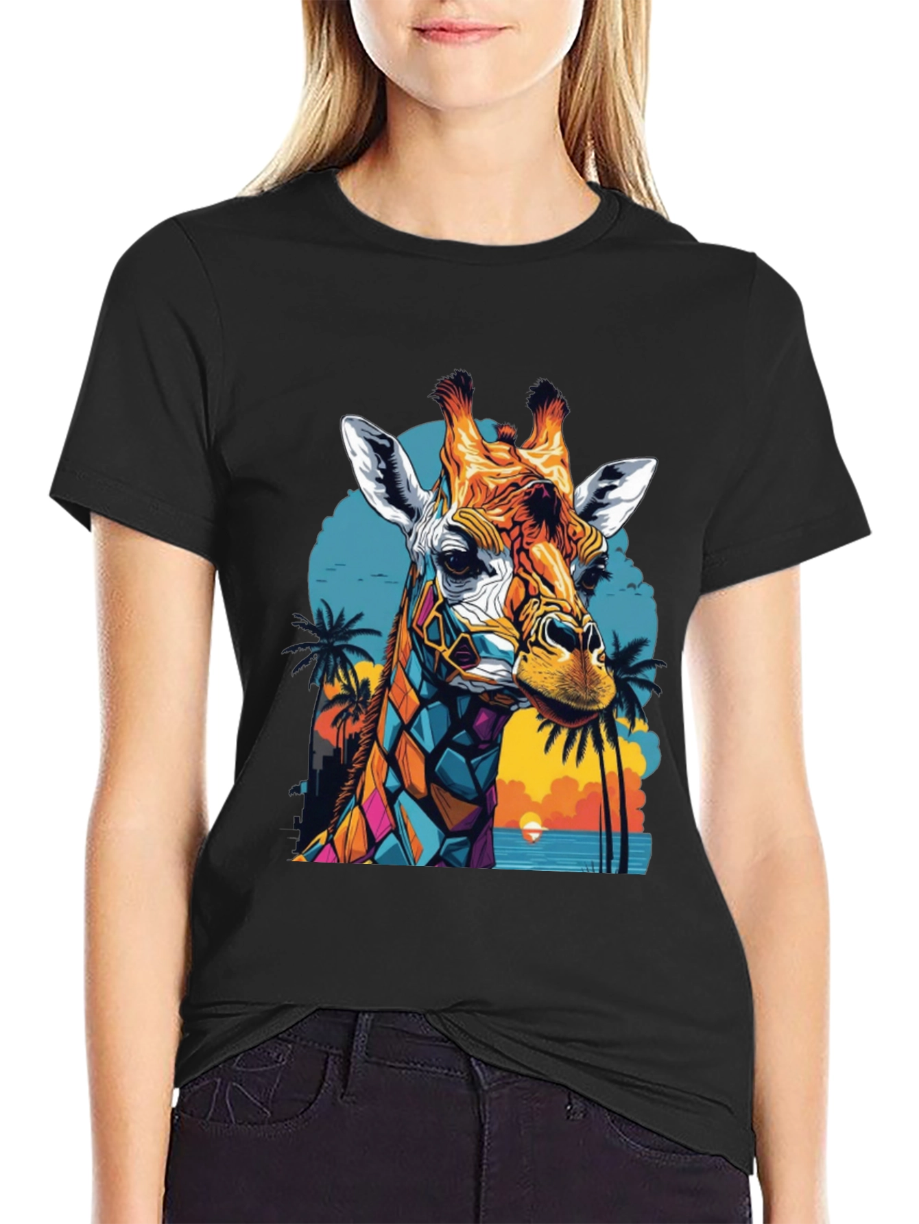 Geometric Giraffe Graphic Tee - Tropical Sunset Design