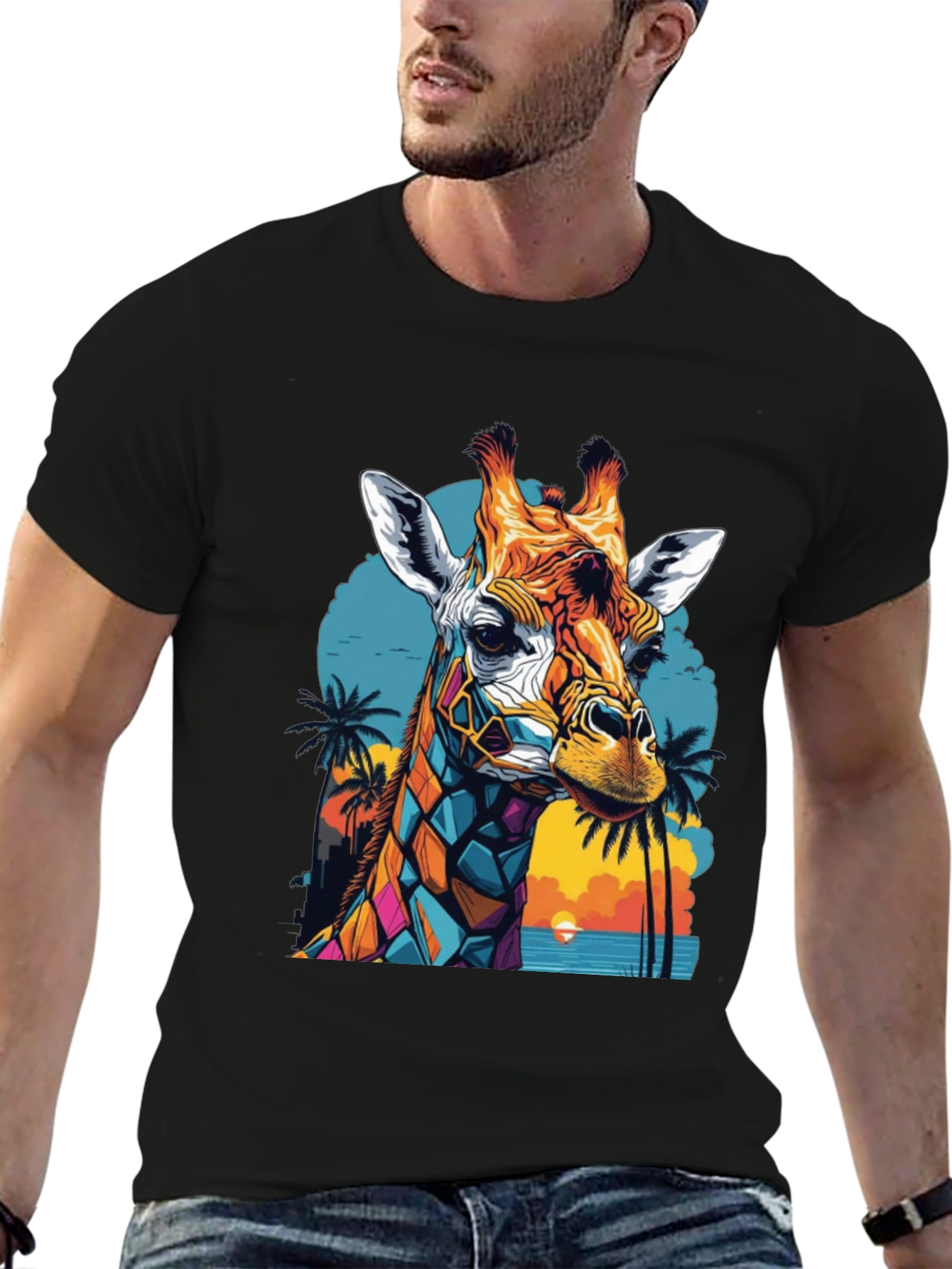 Geometric Giraffe Graphic Tee - Tropical Sunset Design