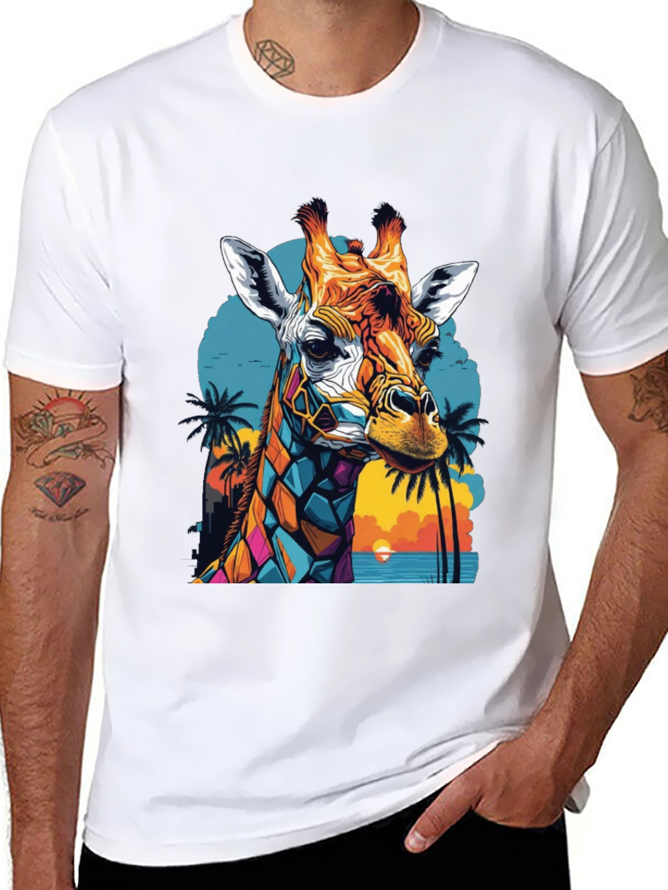 Geometric Giraffe Graphic Tee - Tropical Sunset Design