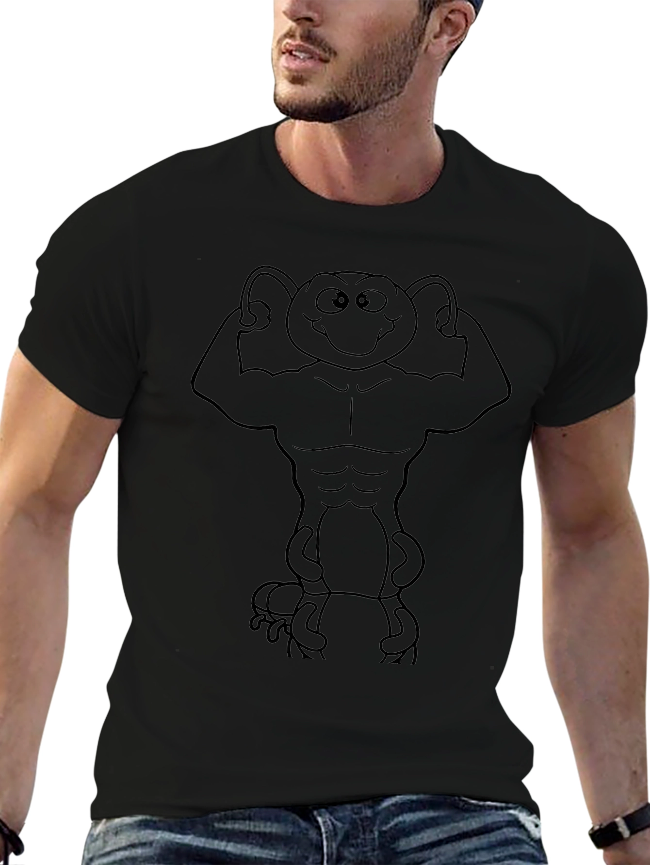 Muscular Alien Graphic T-Shirt - Black Cotton Blend