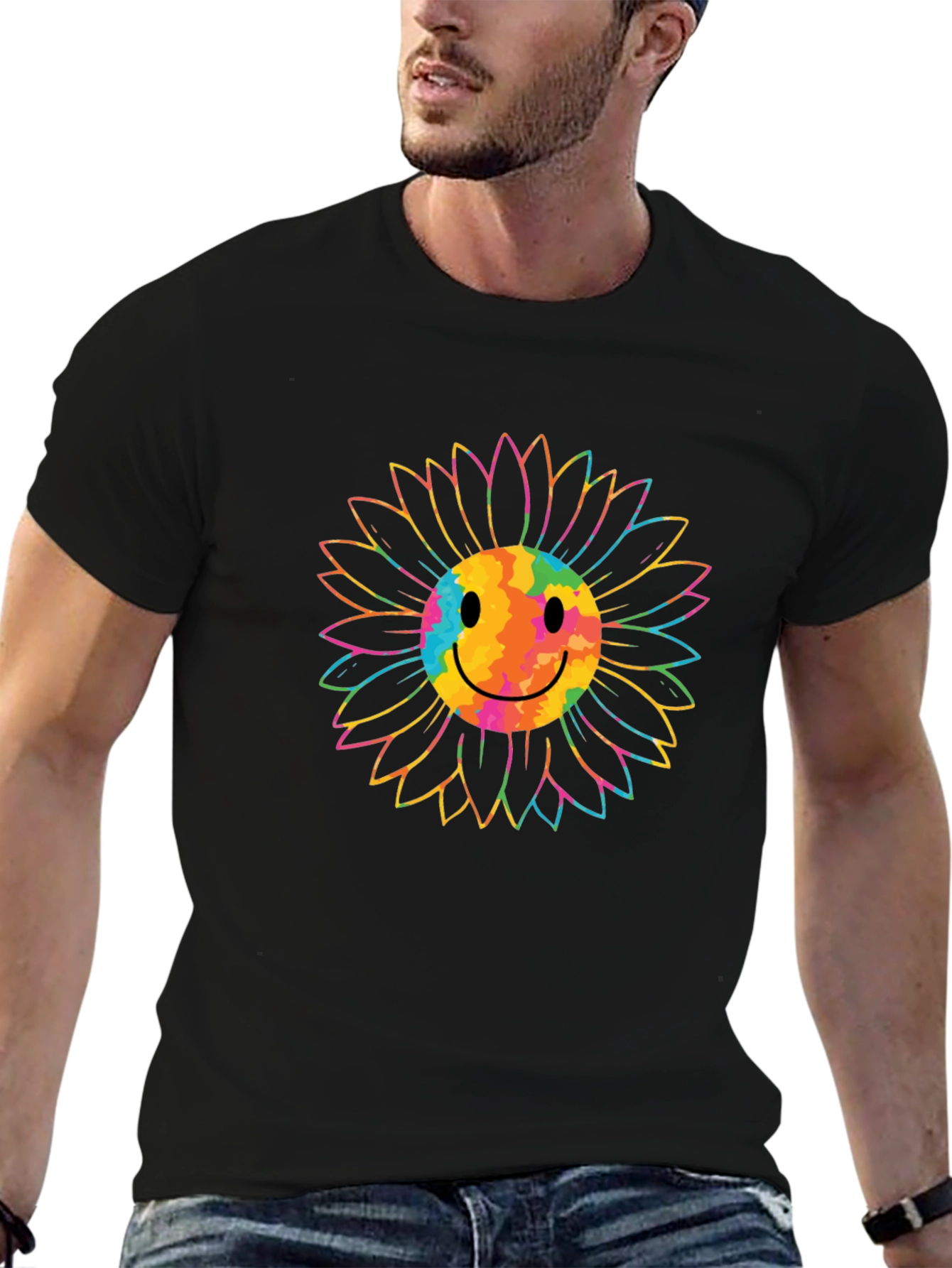 Smiley Sunflower Graphic Tee - Black Cotton T-Shirt