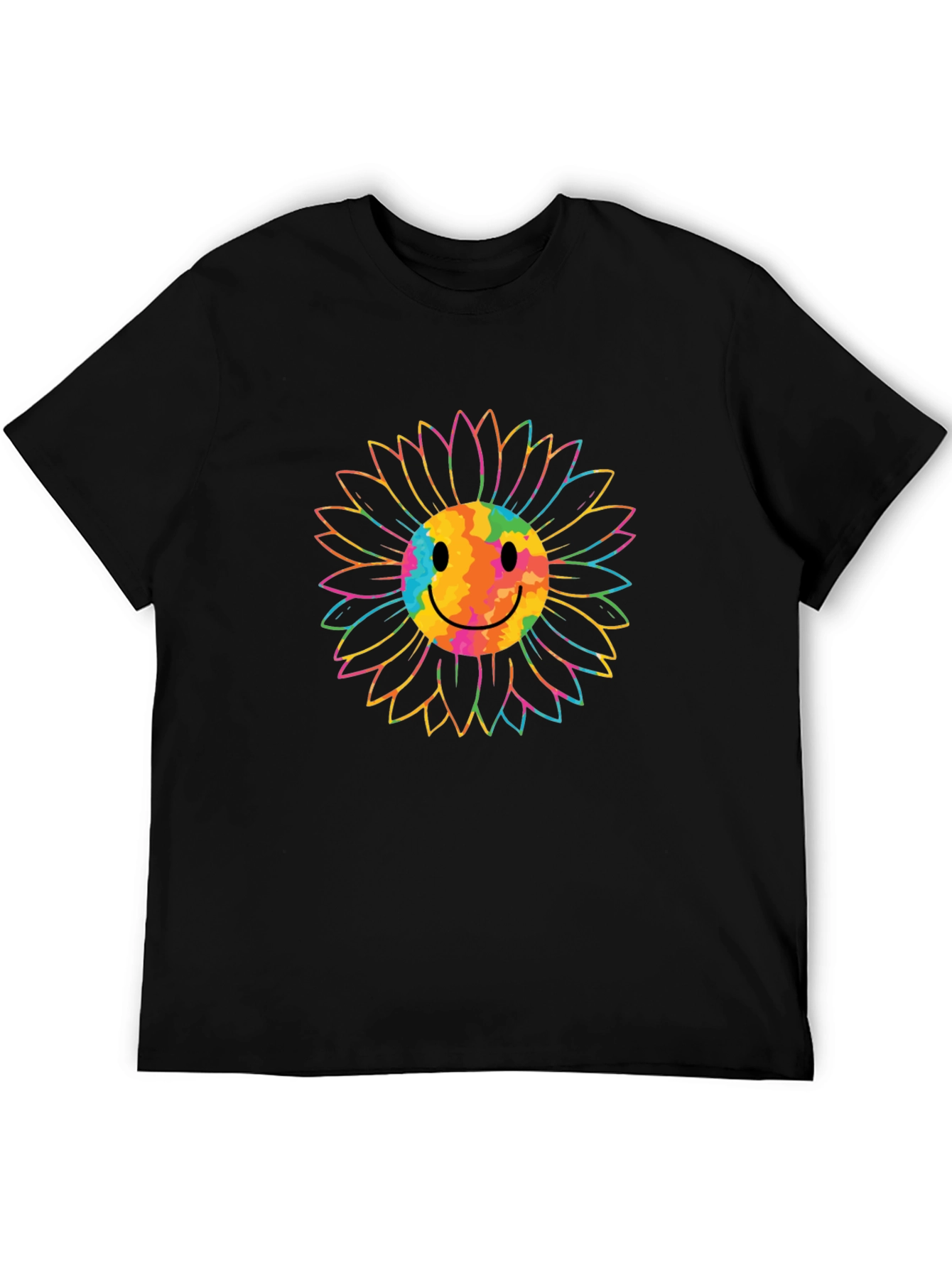 Smiley Sunflower Graphic Tee - Black Cotton T-Shirt