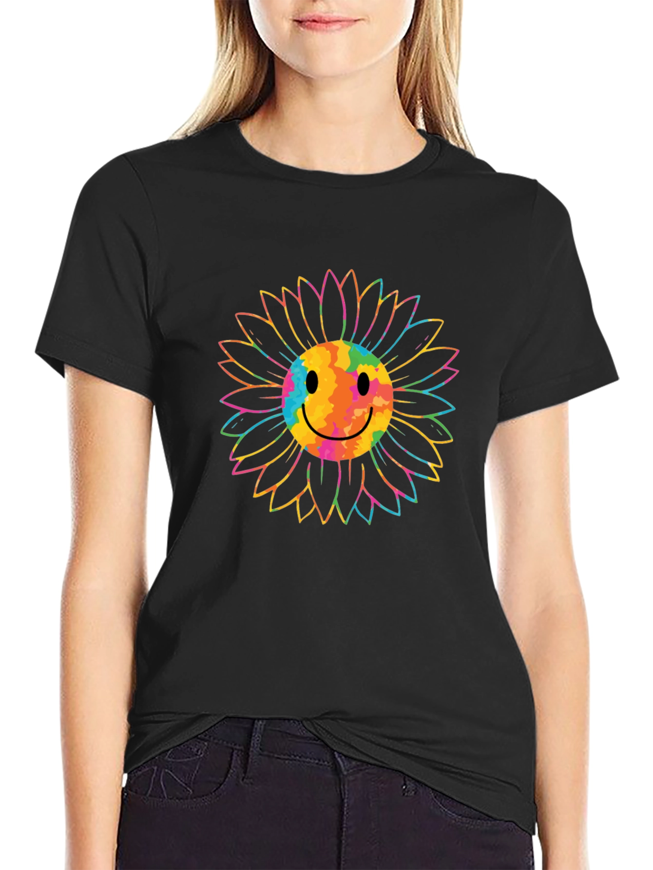 Smiley Sunflower Graphic Tee - Black Cotton T-Shirt