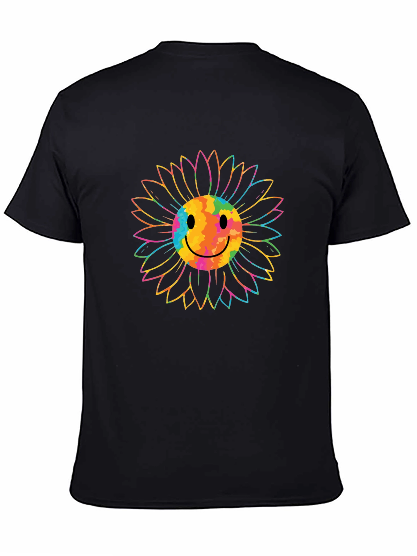 Smiley Sunflower Graphic Tee - Black Cotton T-Shirt