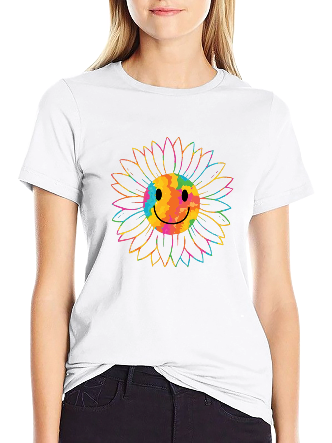 Smiley Sunflower Graphic Tee - Black Cotton T-Shirt