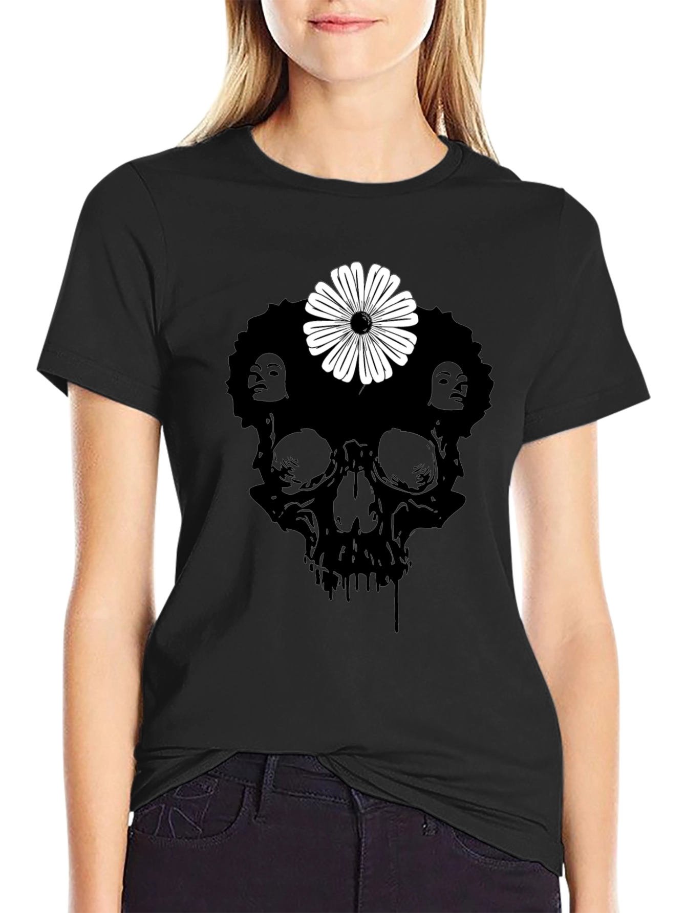 Skull Flower Graphic Tee - Stylish Black T-Shirt