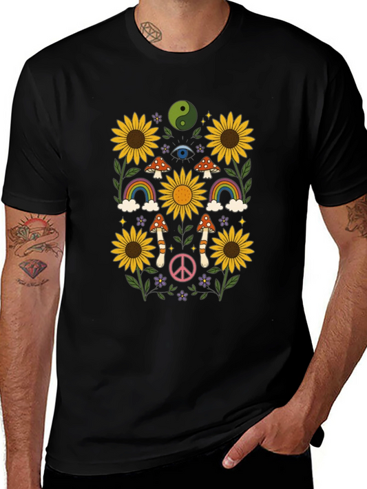 Retro Hippie T-Shirt - Sunflower Rainbow Mushroom Peace