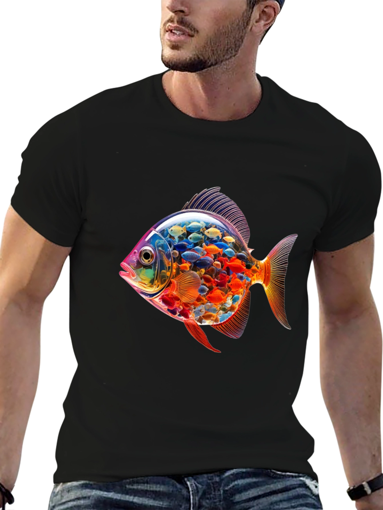Vibrant Fish Graphic Black T-Shirt