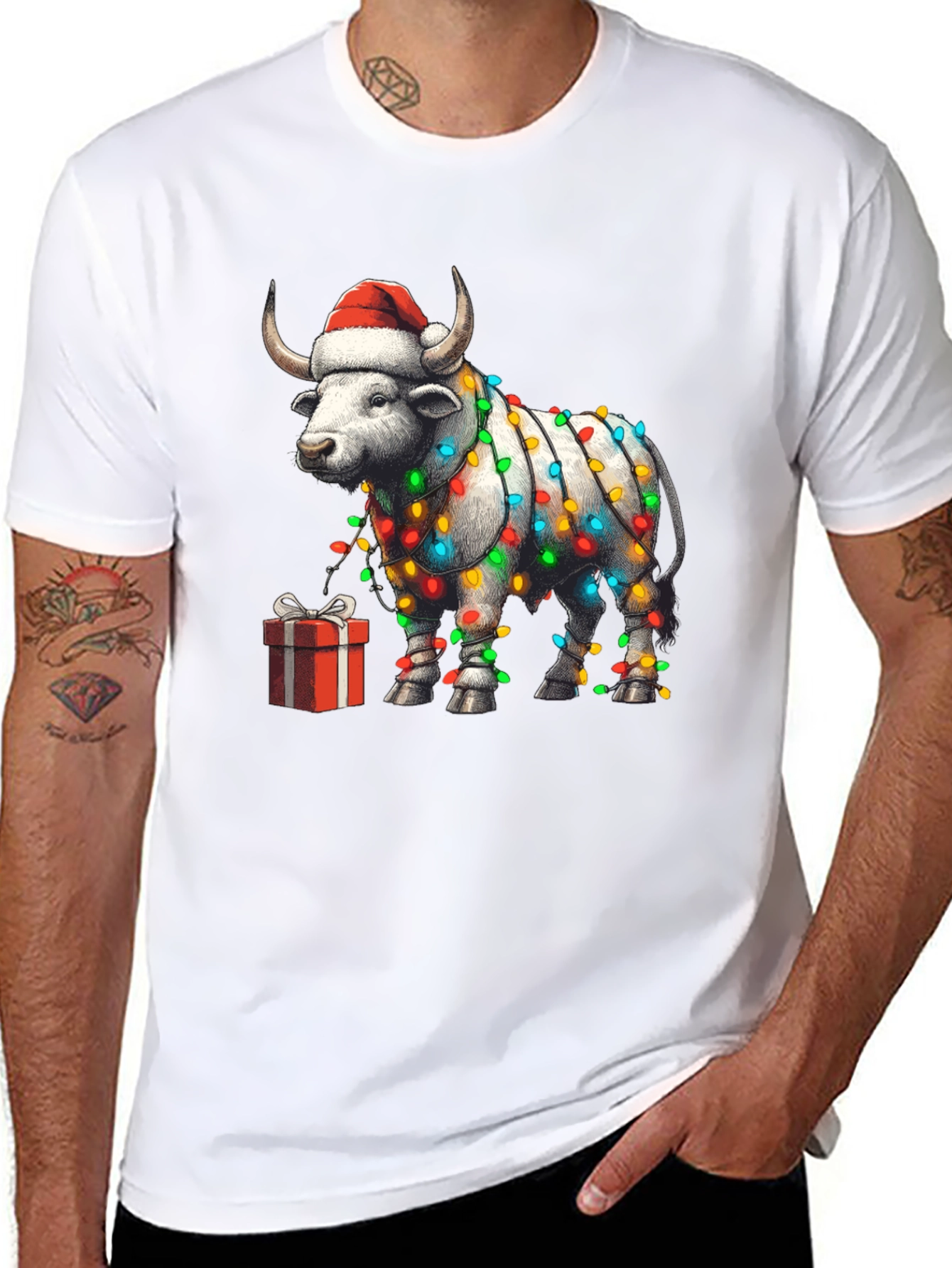 Festive Bull Christmas Lights T-Shirt