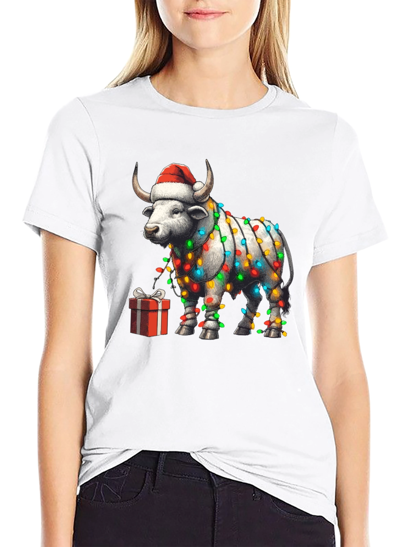 Festive Bull Christmas Lights T-Shirt