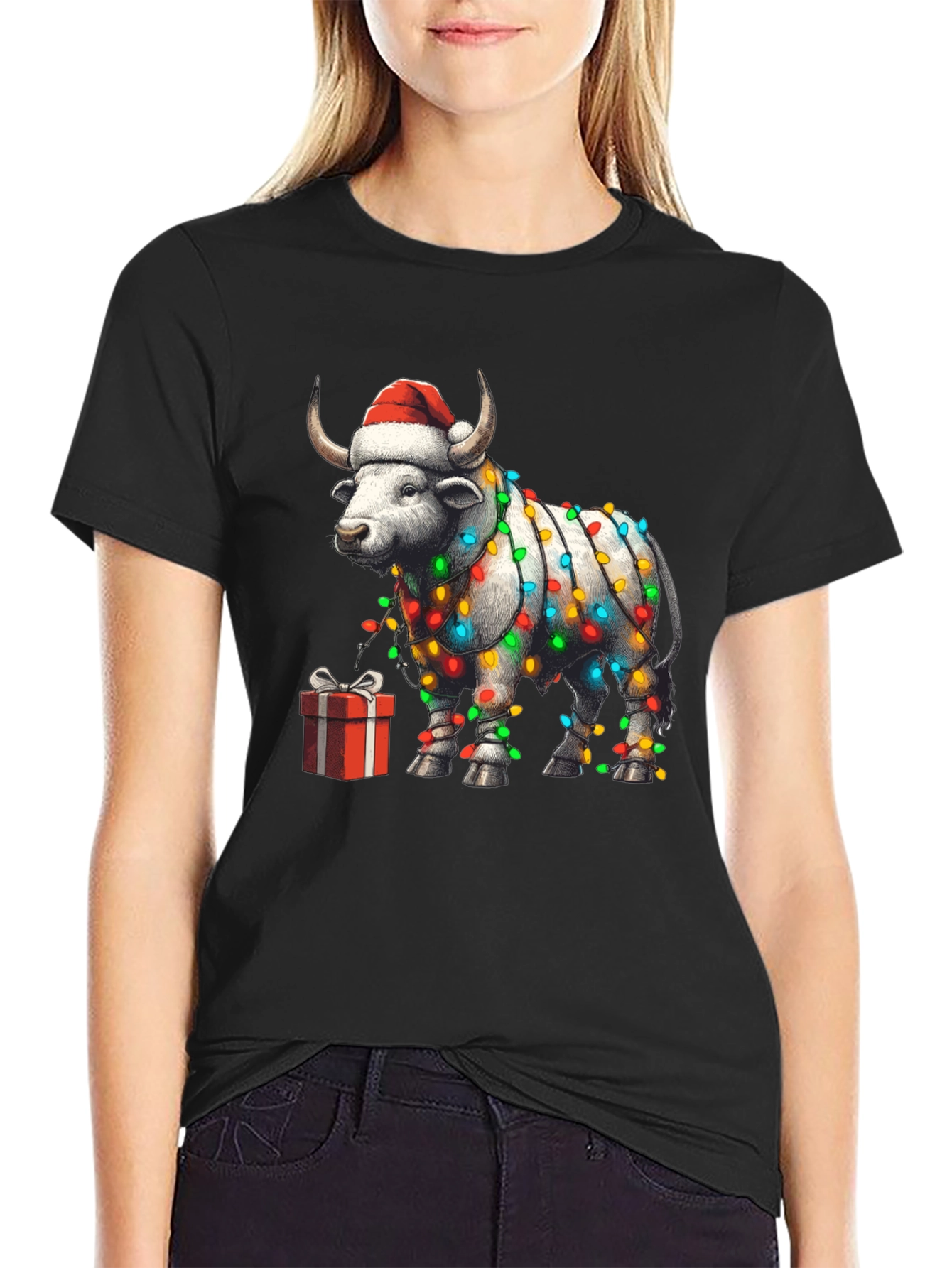 Festive Bull Christmas Lights T-Shirt