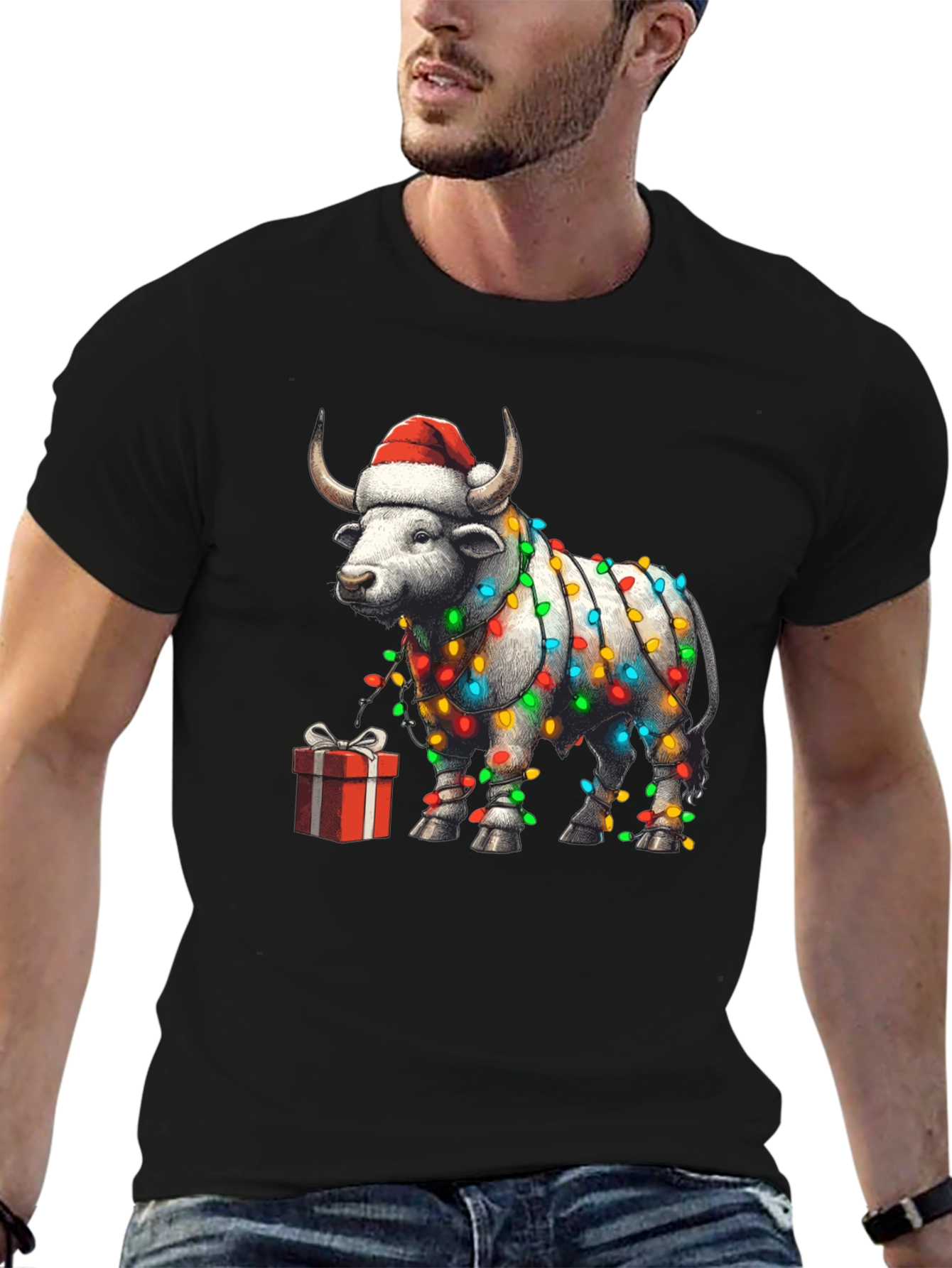 Festive Bull Christmas Lights T-Shirt