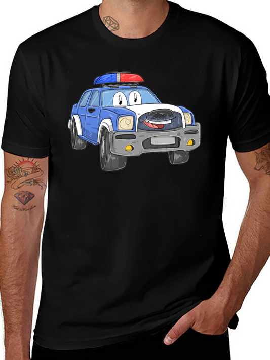 Cartoon Police Car T-Shirt - Black Cotton Blend