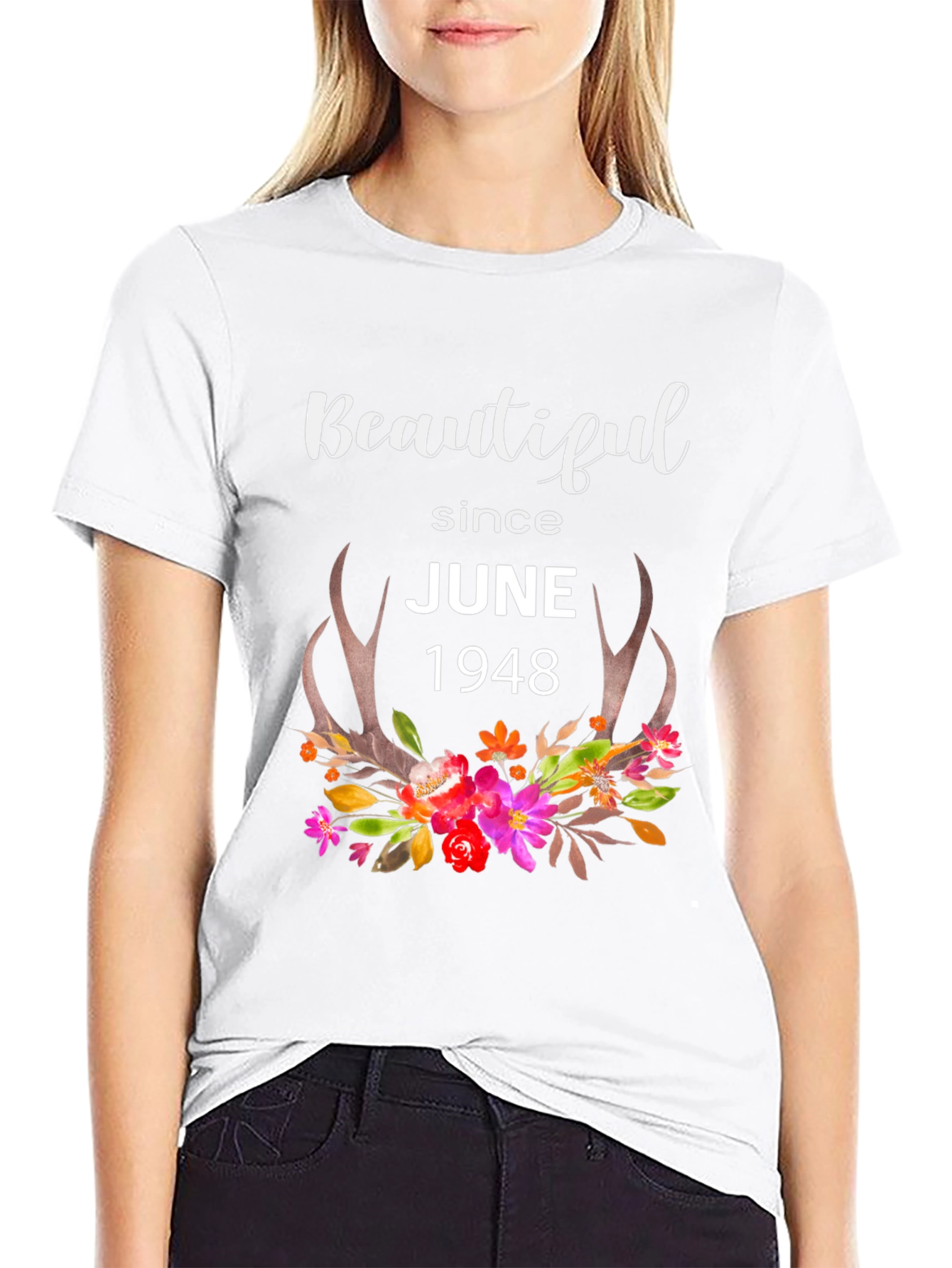 Beautiful Since June 1948 Floral Antler T-Shirt