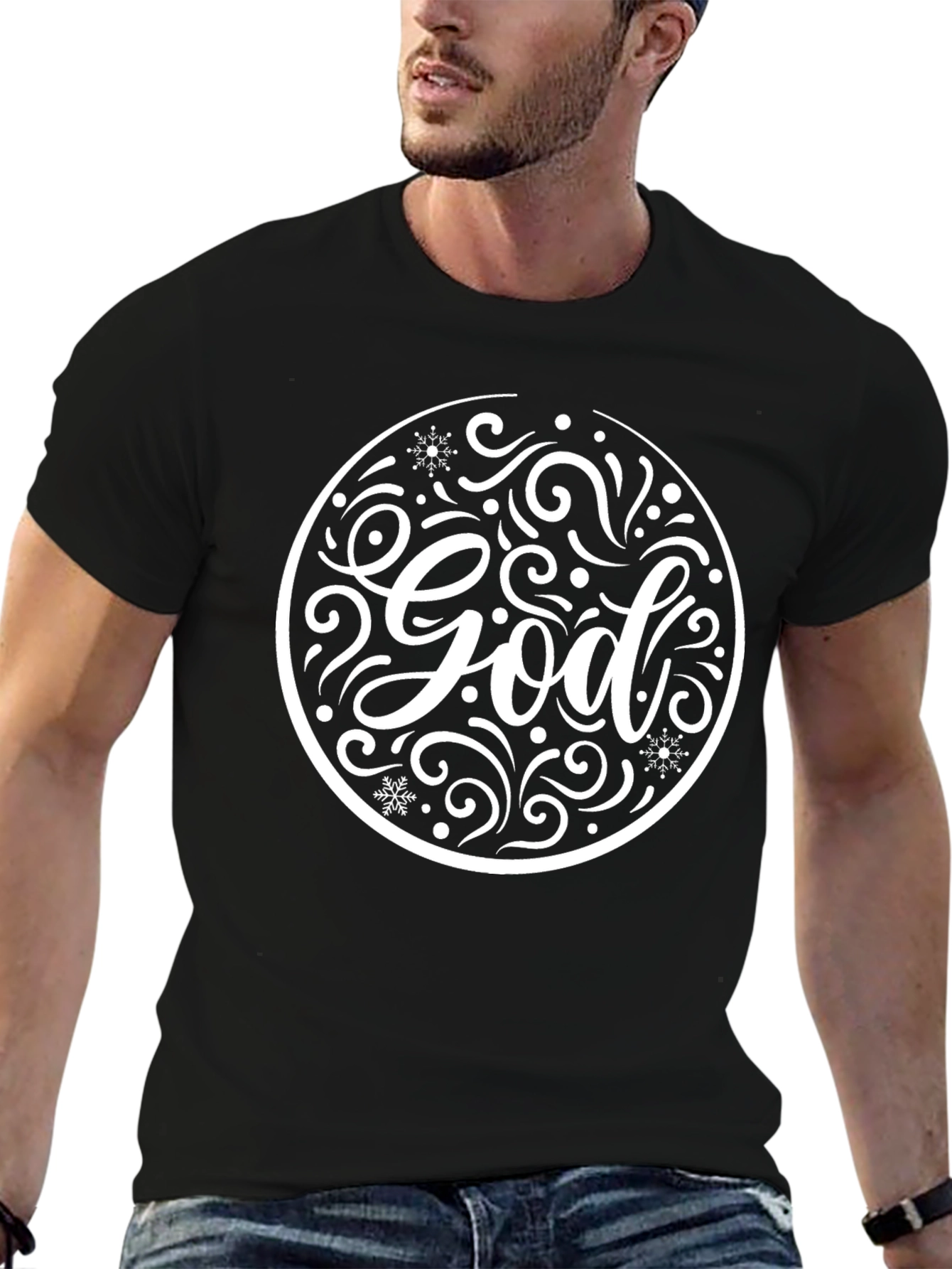 God Snowflake Circle Graphic Black T-Shirt