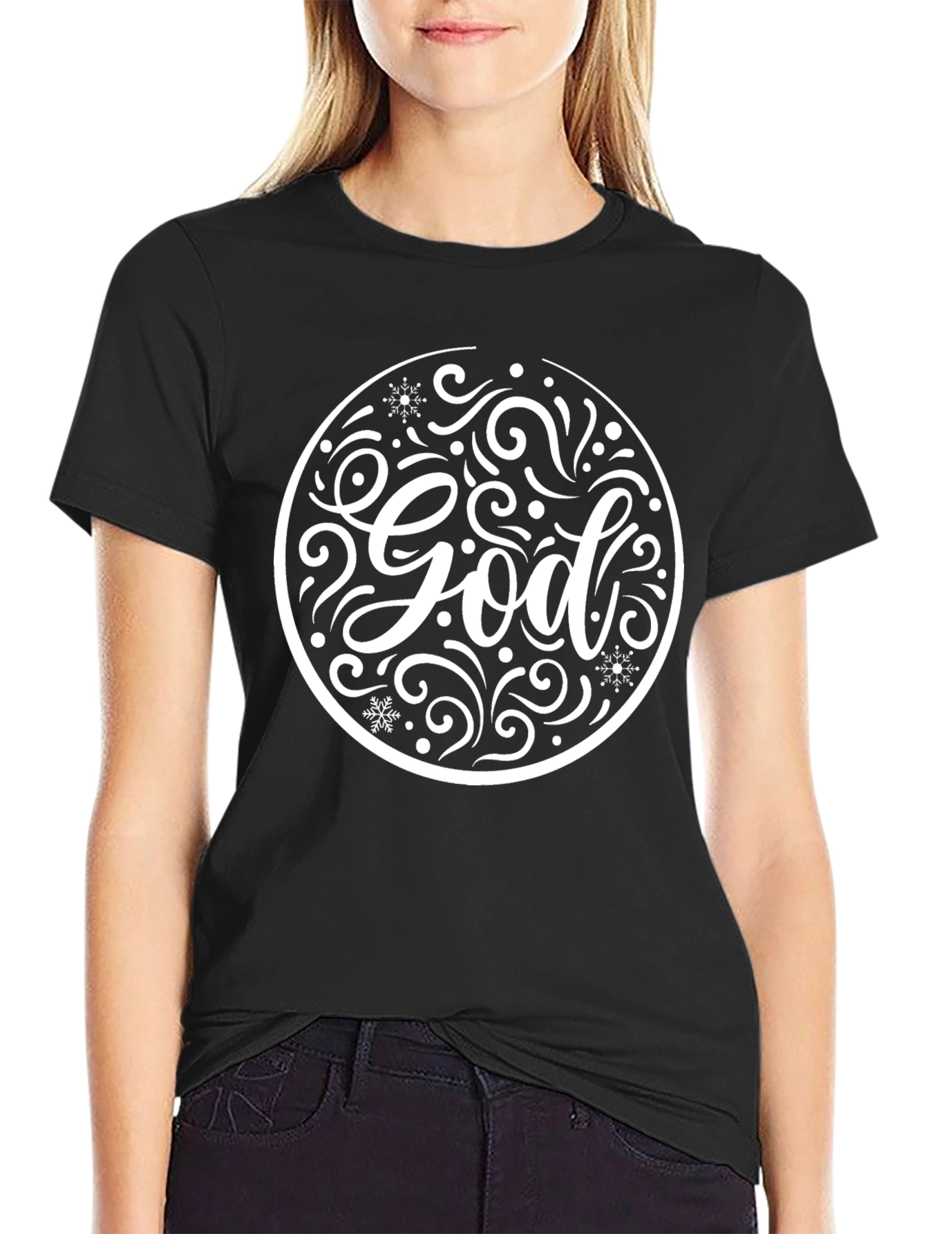 God Snowflake Circle Graphic Black T-Shirt