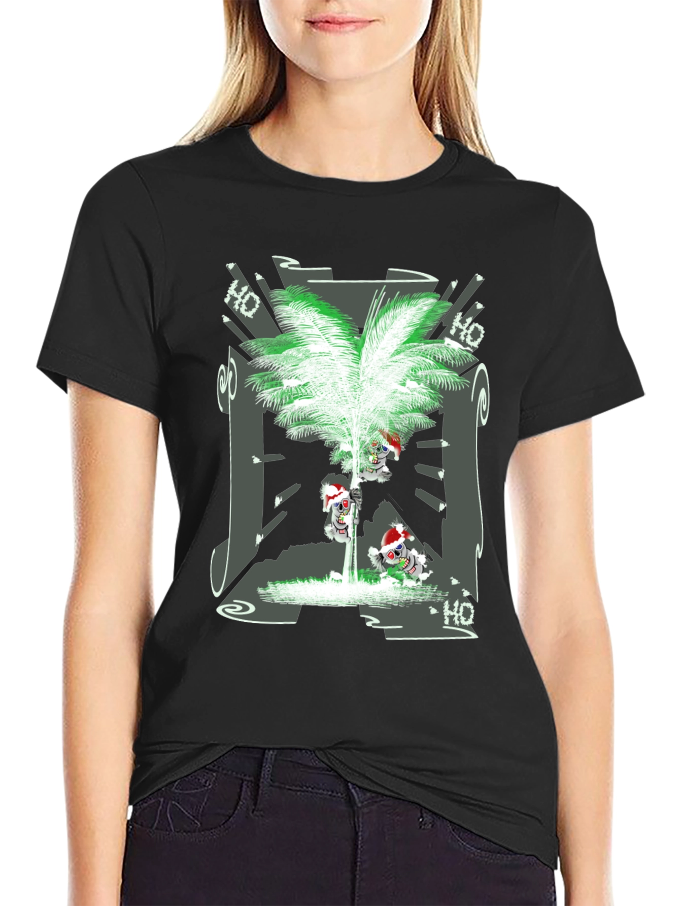 Tropical Christmas Tee with Santa Skeleton Design