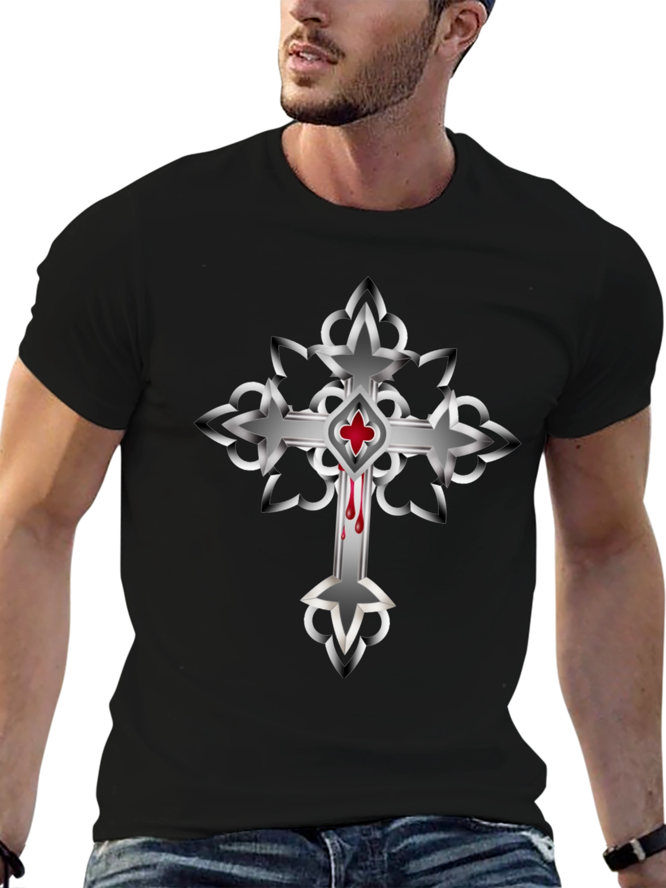 Gothic Cross Graphic T-Shirt - Mens Black Tee