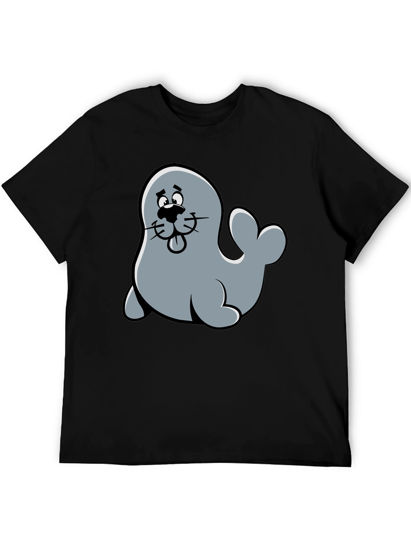 Cute Seal Cartoon Graphic Tee - Black