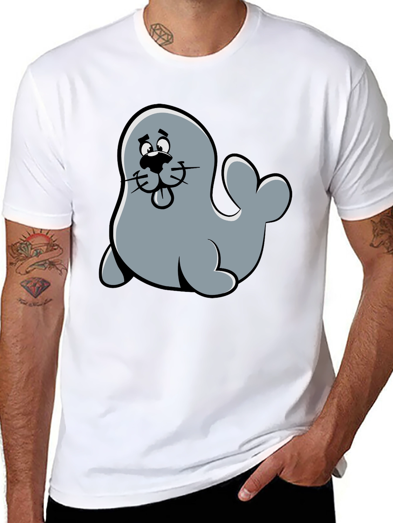 Cute Seal Cartoon Graphic Tee - Black