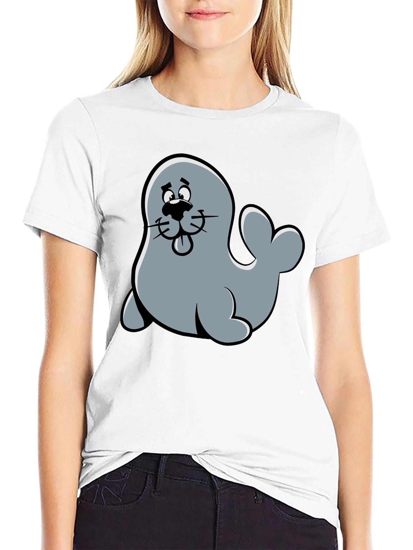 Cute Seal Cartoon Graphic Tee - Black