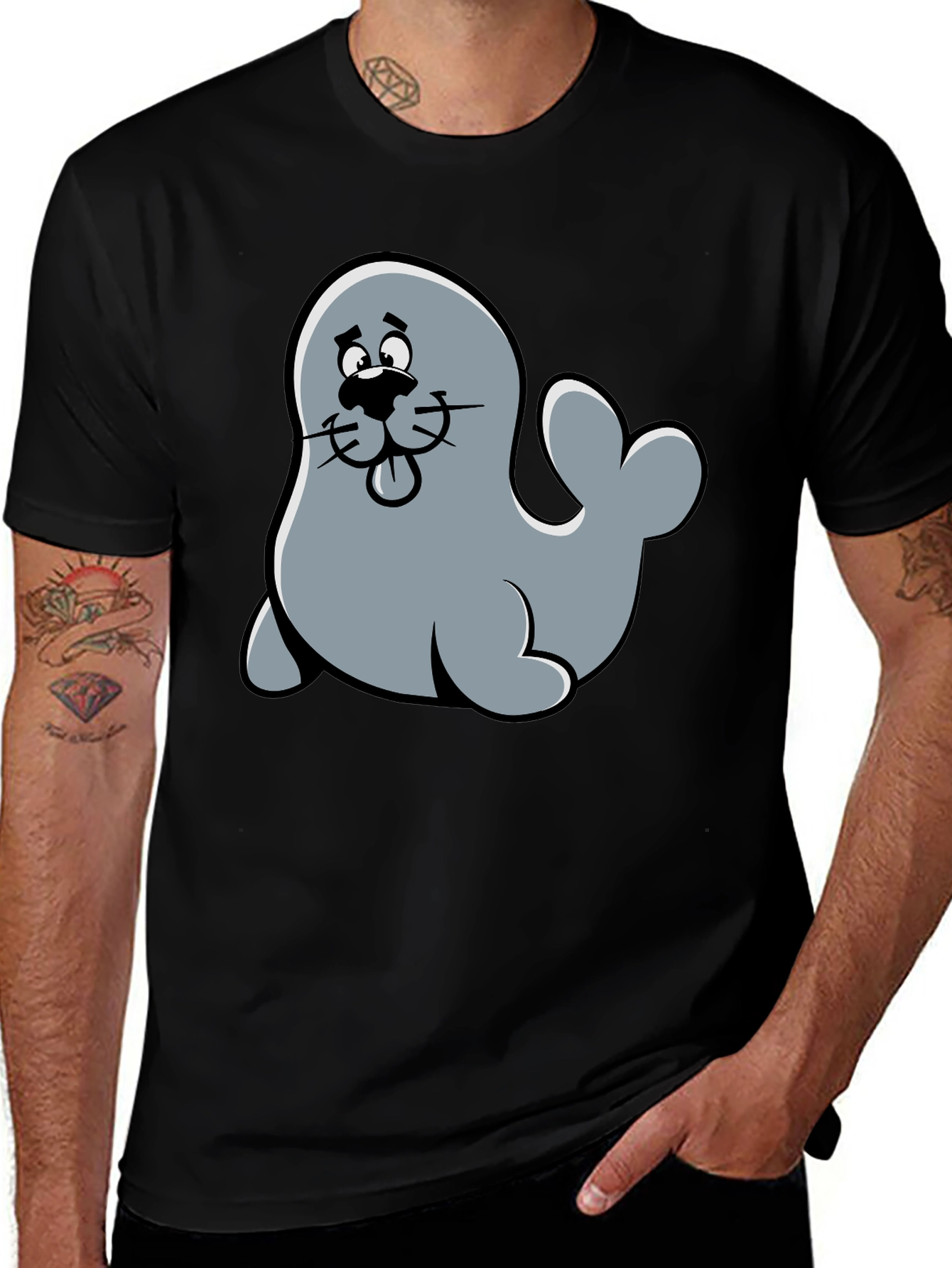 Cute Seal Cartoon Graphic Tee - Black