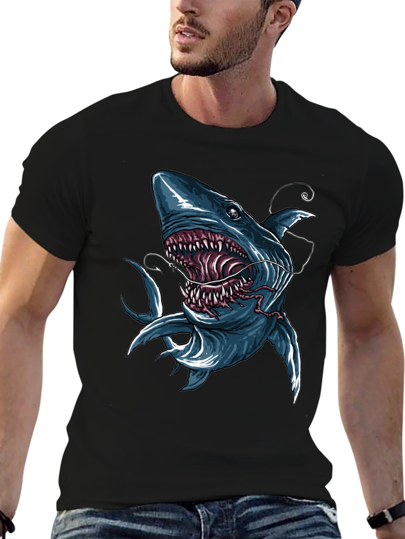 Mens Shark Graphic Print Black T-Shirt
