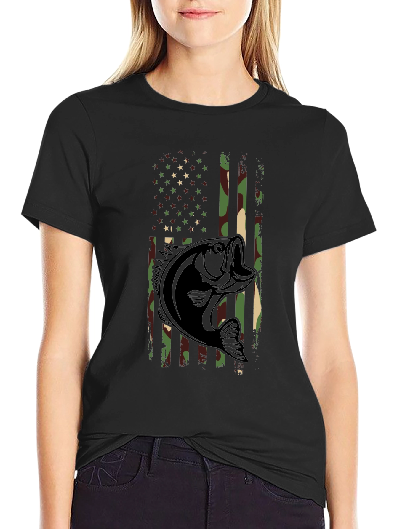 Camouflage American Flag Bass Fishing T-Shirt