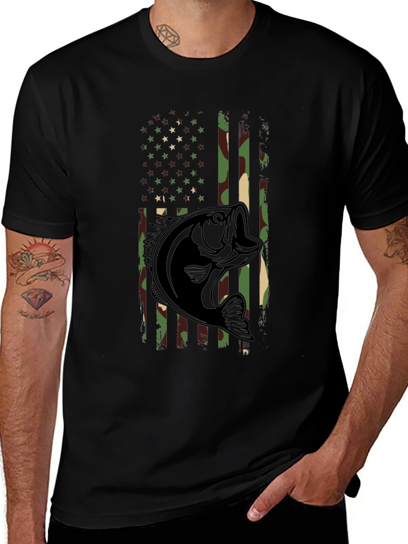 Camouflage American Flag Bass Fishing T-Shirt