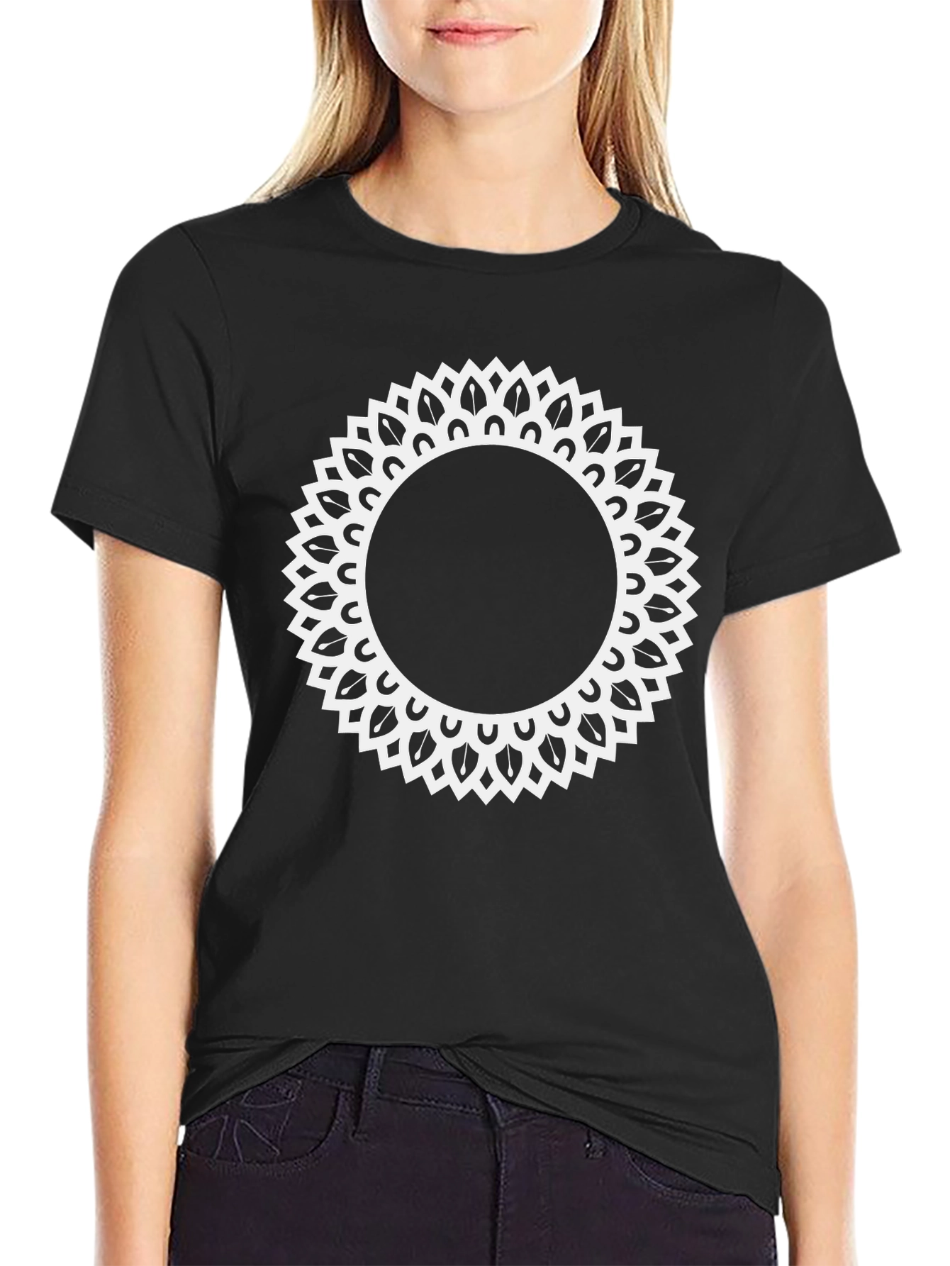 Black Tee with Ornamental Sun Mandala Design
