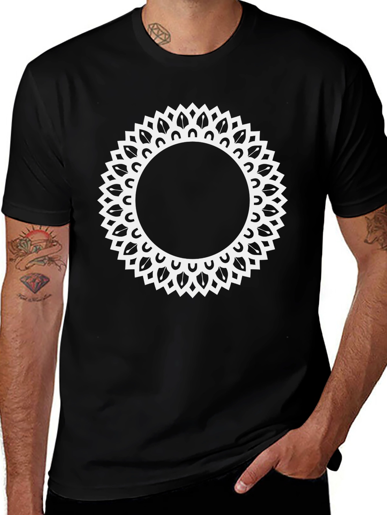 Black Tee with Ornamental Sun Mandala Design