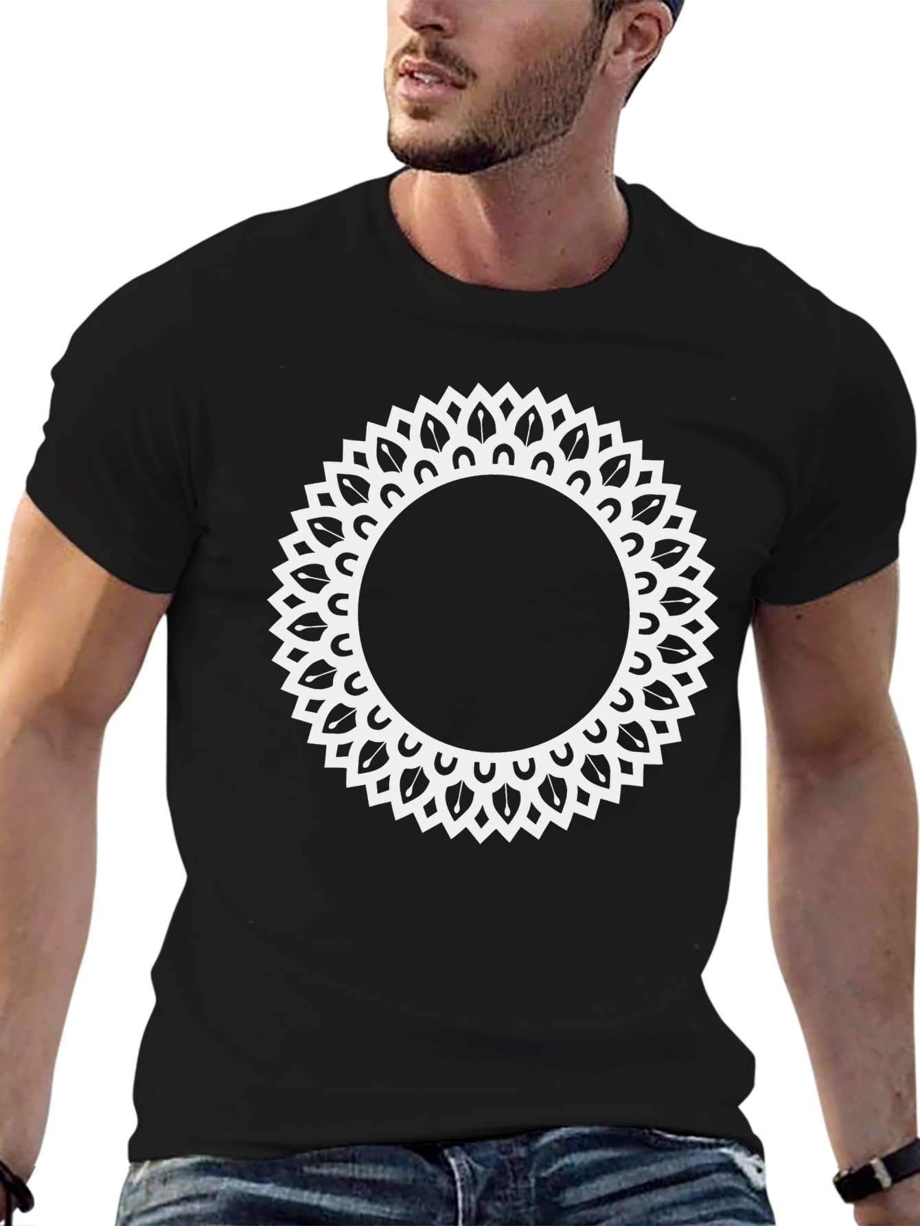 Black Tee with Ornamental Sun Mandala Design