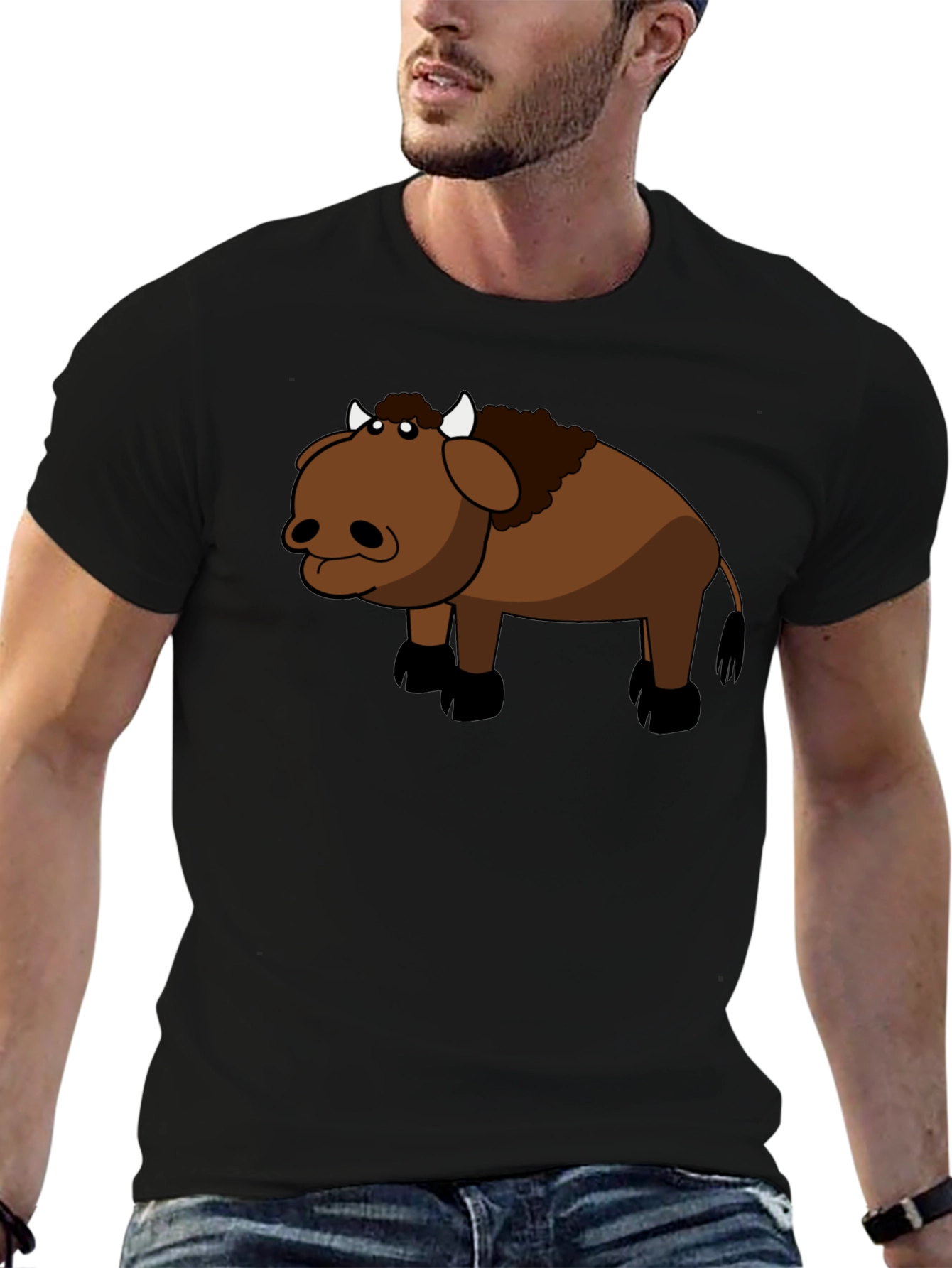 Cartoon Buffalo Graphic Black T-Shirt