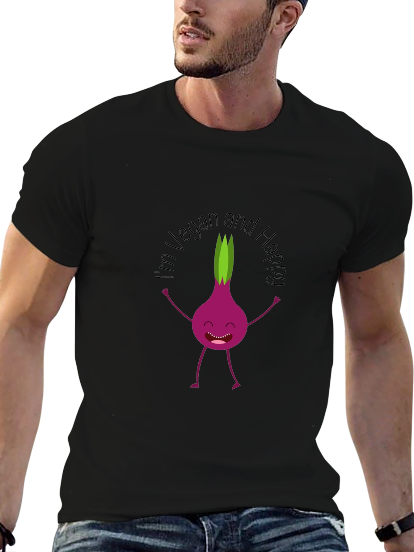 Vegan & Happy T-Shirt - Funny Onion Cartoon Tee