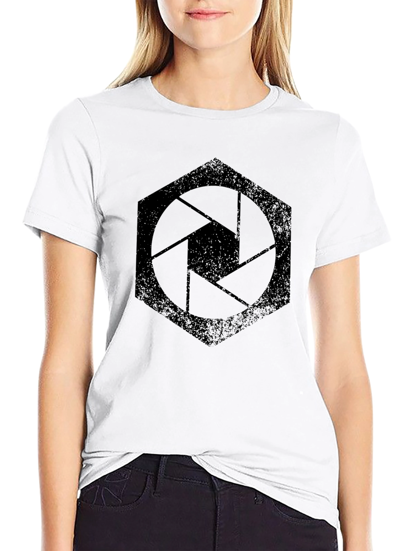 Hexagon Camera Aperture Graphic Tee - Black Cotton Shirt