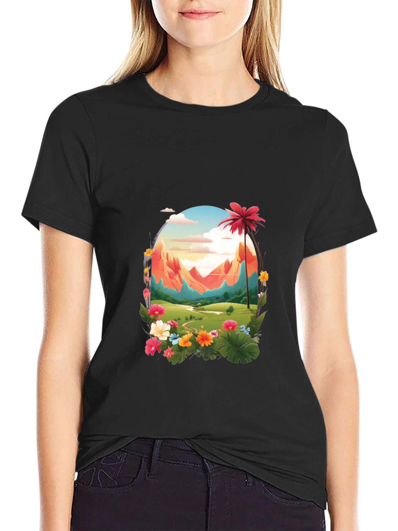 Tropical Mountain Graphic Black T-Shirt