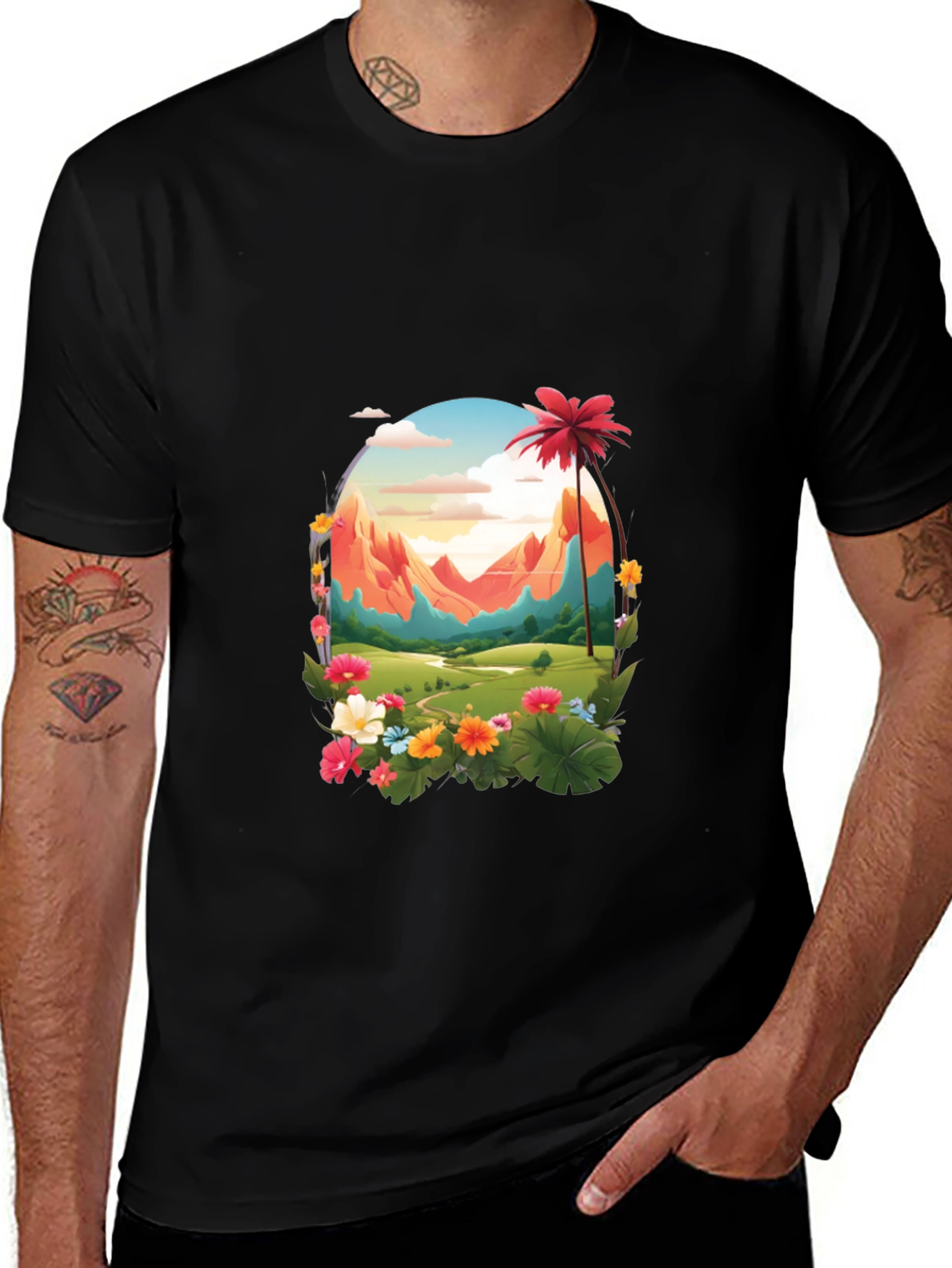 Tropical Mountain Graphic Black T-Shirt