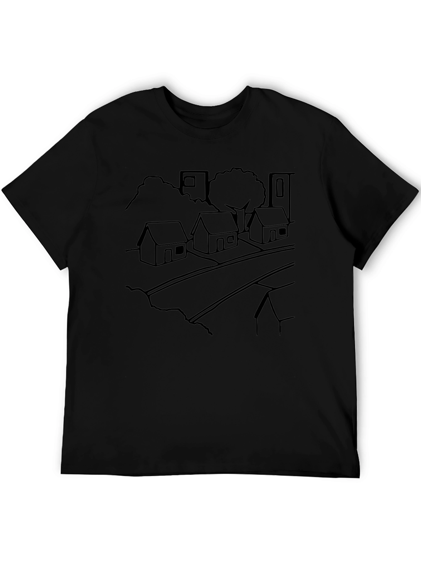 Black T-Shirt with Village Outline Design