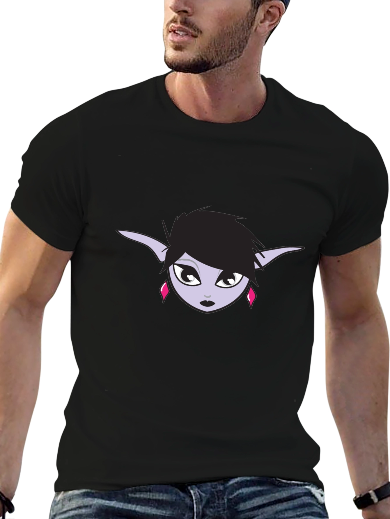 Black T-Shirt with Elf Girl Graphic Tee