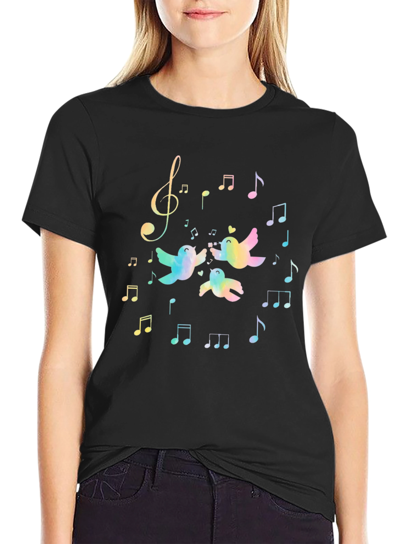 Rainbow Bird Music Notes Black T-Shirt
