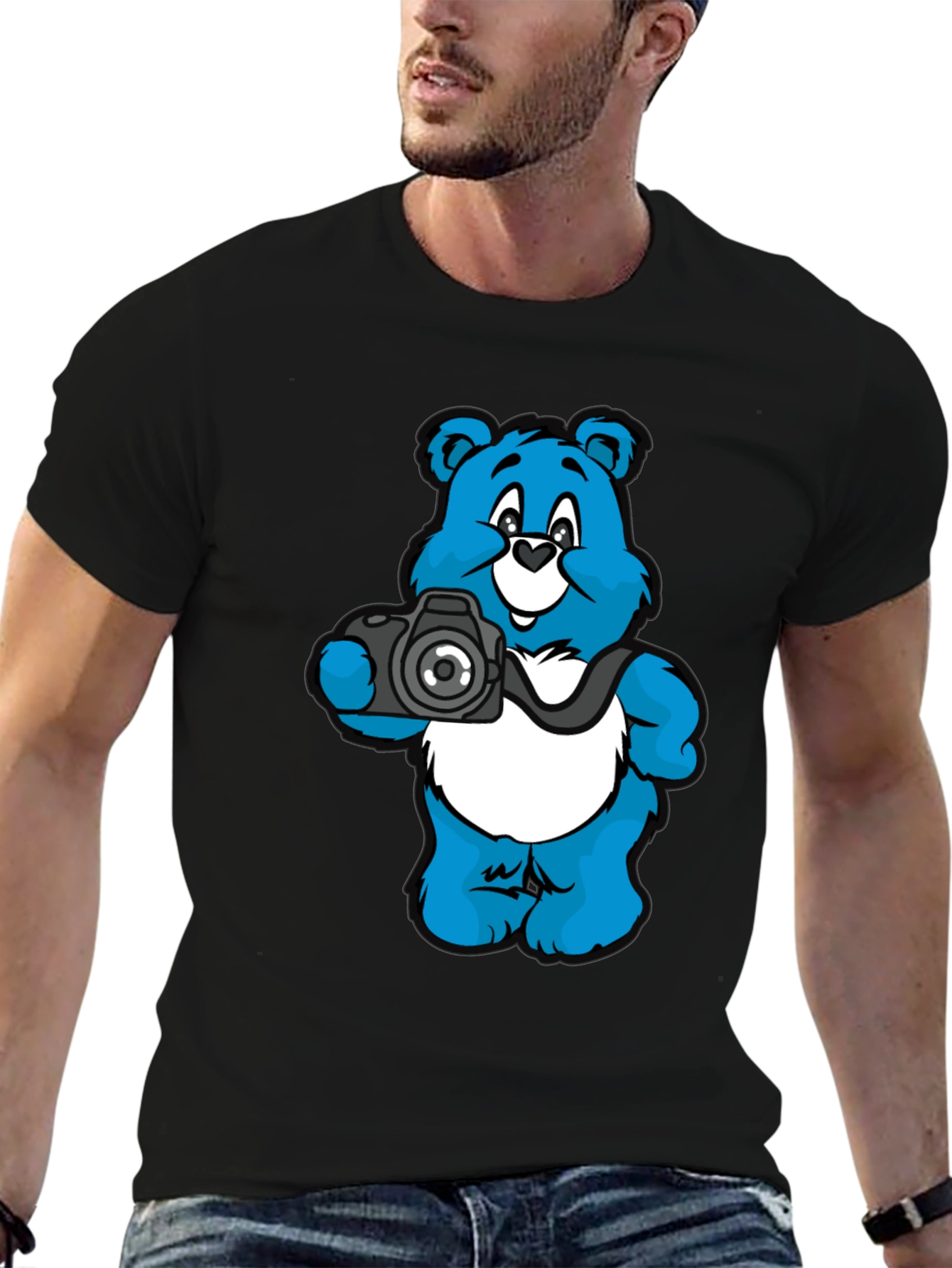 Bear with Camera Graphic Black T-Shirt