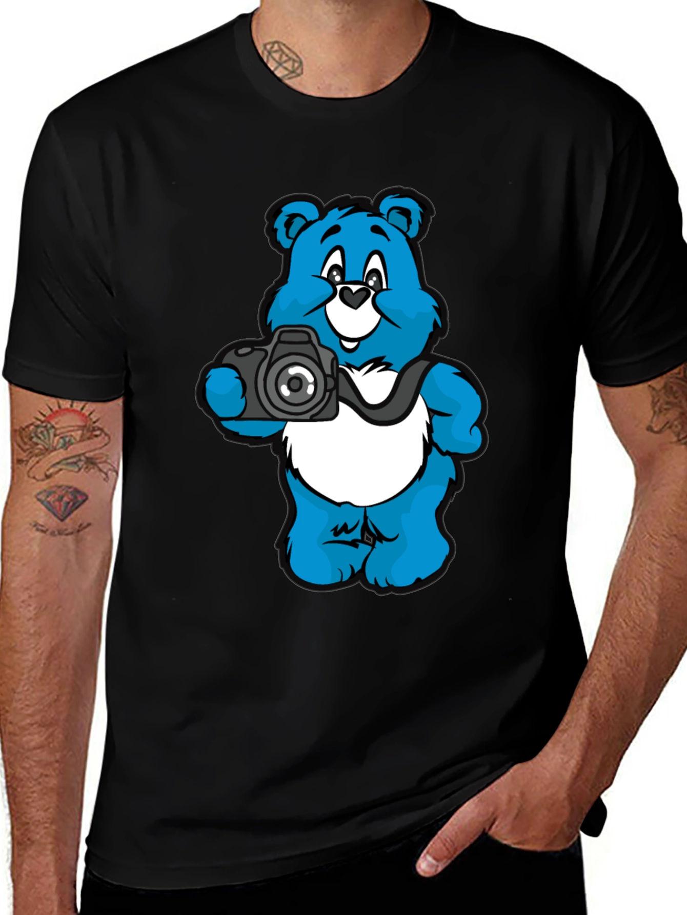 Bear with Camera Graphic Black T-Shirt