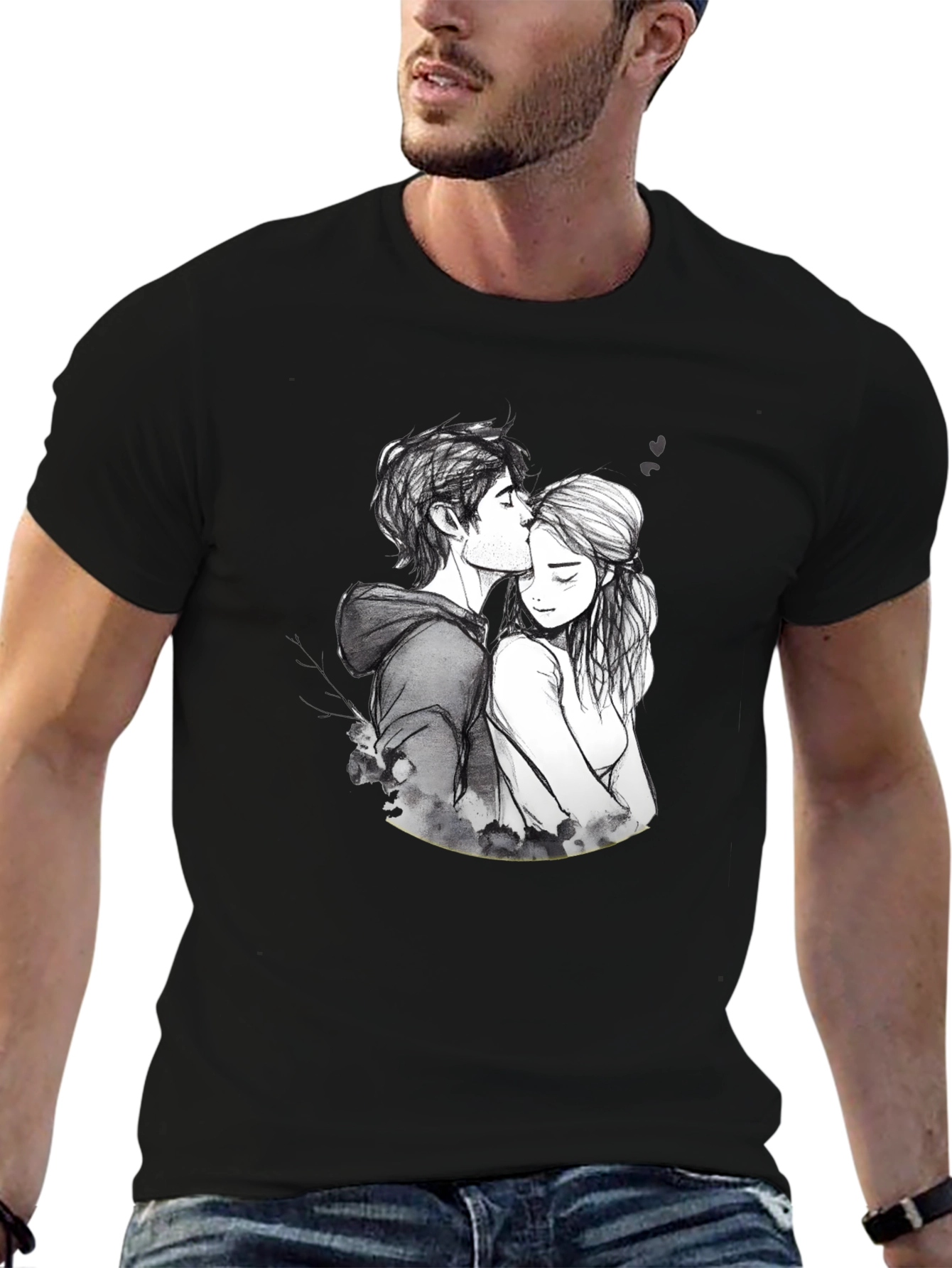 Romantic Couple Sketch Black T-Shirt