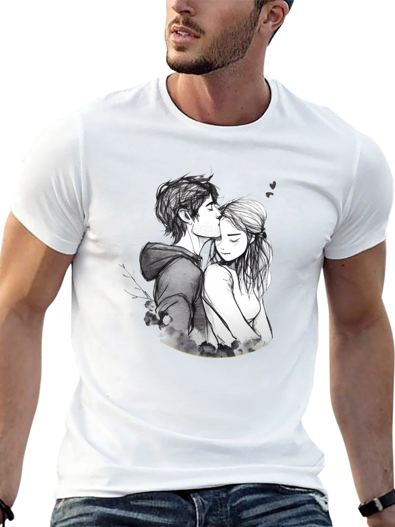 Romantic Couple Sketch Black T-Shirt