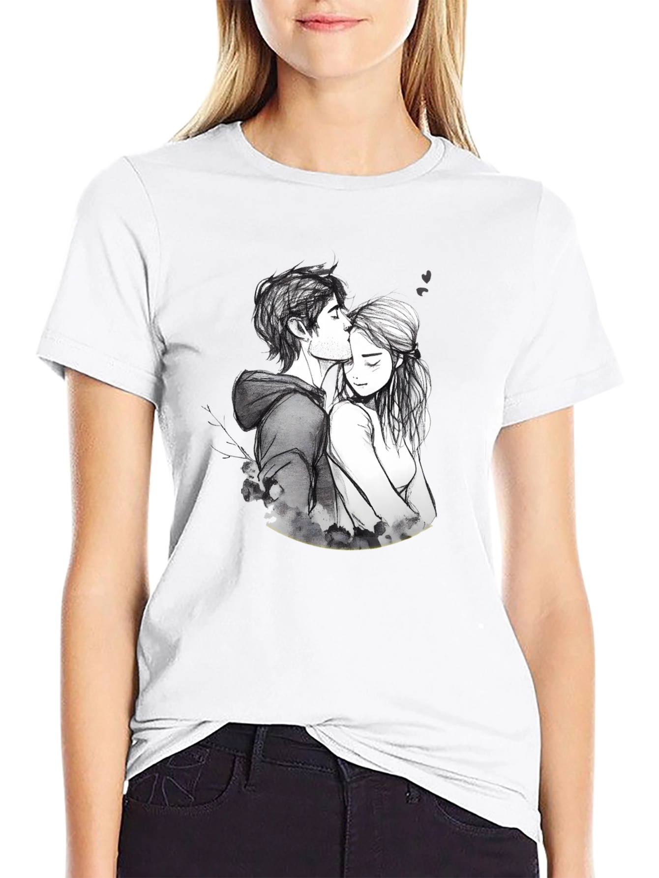 Romantic Couple Sketch Black T-Shirt